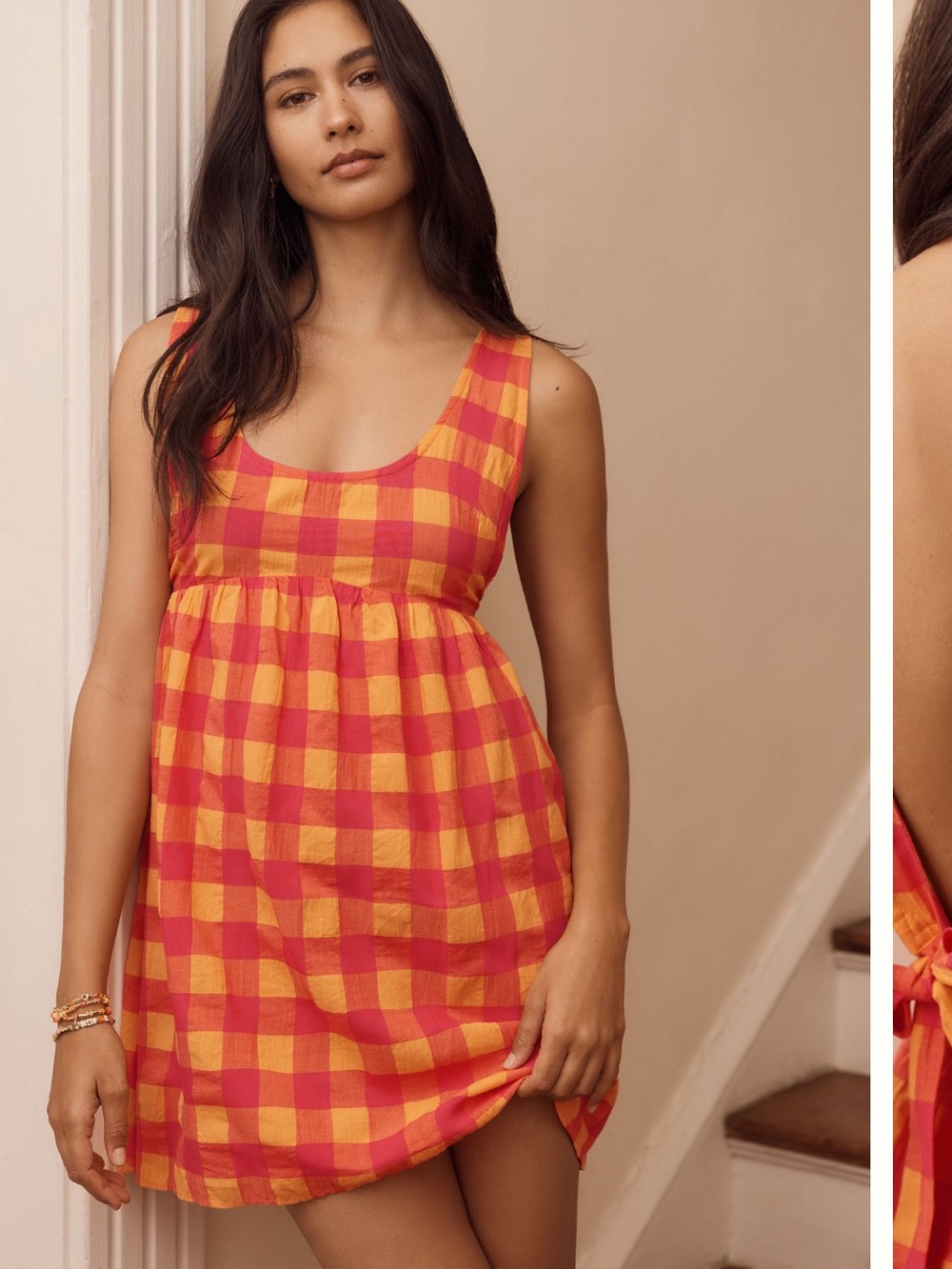 SZ L By Anthropologie Apron Mini Nap Dress Gingham Mini Dress in Orange & Red